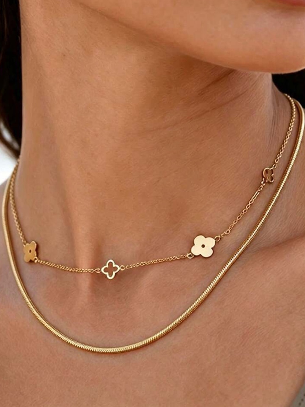 Delicate Gold Floral Layered Necklace - Women's Two-Strand Pendant